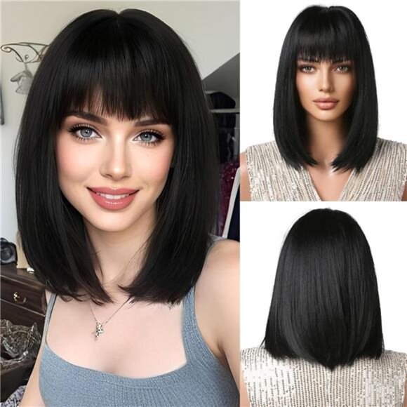 Black Bob Wig With Bangs Short Straight Wig For Women Synthetic Hair Wigs for
